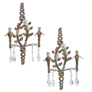 Pair French Bagues Style Beaded Wall Sconces With Glass Leaves