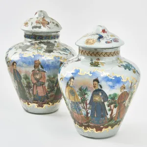 Pair French Chinoiserie Decalcomania Jars And Covers