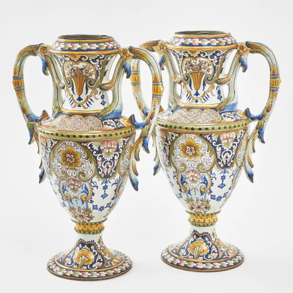 French Rouen Faience Glazed Ceramic Amphira Vases