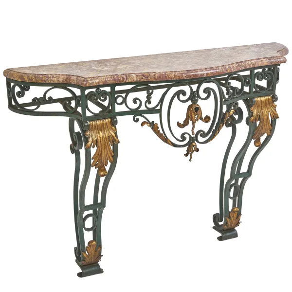 French Wrought Iron Console Table With Brocatelle Marble Top