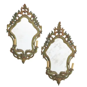 Pair Venetian Carved And Painted Mirrored Wall Sconces