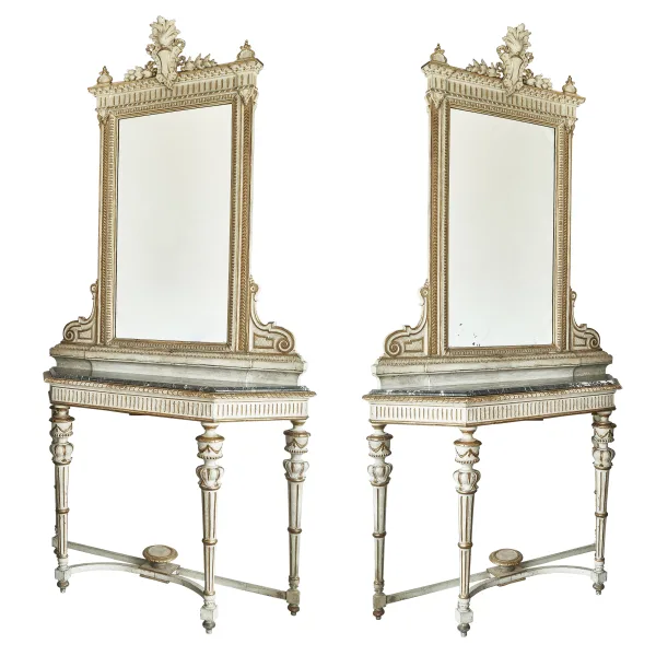 Pair Italian Parcel Gilt Neoclassical Consoles With Mirrors