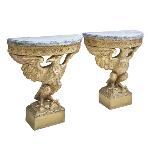 French Carved Giltwood Eagle Demi Lune Consoles With Marble Tops