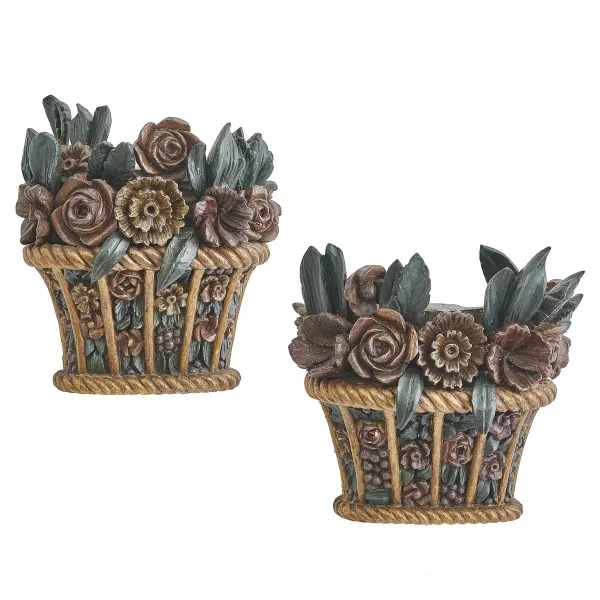 Pair Carved Wood And Polychrome Painted Baskets Of Flowers