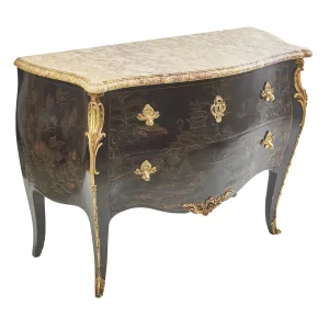 French Bombé Shape Chinoiserie Lacquer Commode With Brocatelle Marble Top