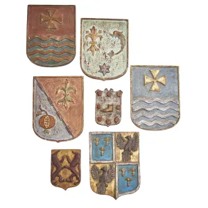 Collection Of Spanish Carved And Painted Shield Shaped Coats Of Arms