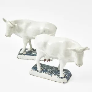 Pair White Delft Cows On Stands