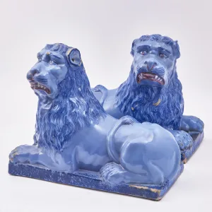 Pair French Blue Faience Luneville Lions
