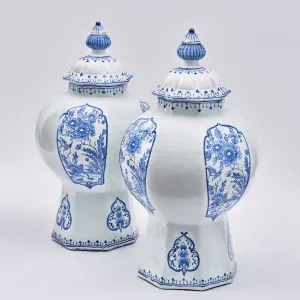 Pair Delft Blue and White Chinese Style Temple Jars