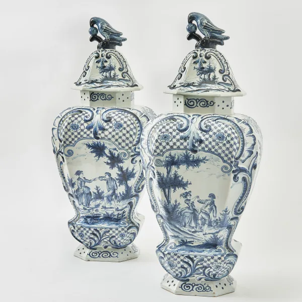 Pair Dutch Delft Blue And White Vases And Covers With Bird Finials