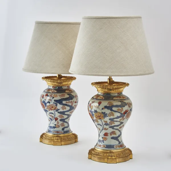 Pair Japanese Imari Baluster Vases Wired As Lamps