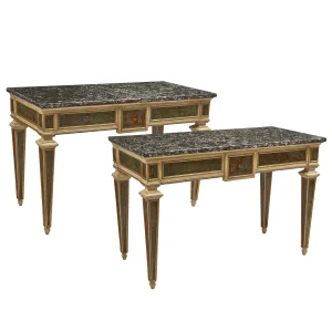 Pair Italian Neoclassical Lacquered And Verre Eglomisée Consoles With Marble Tops