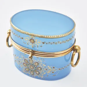Bohemian Opaque Blue Glass Box With Foliate Decoration