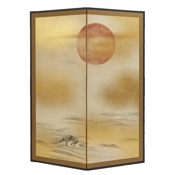 Japanese Screen Depicting A Setting Sun Over Waves