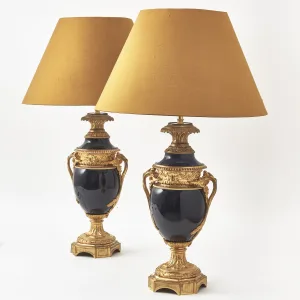 Pair French Dark Blue Porcelain Vases Wired As Lamps