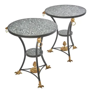 French Empire Style Gilt And Black Patinated Bronze Gueridons With Verde Antico Marble Tops