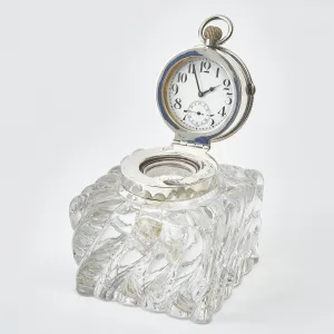 Ribbed Glass And Silver Mounted Clock Inkwell