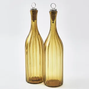 Pair English Ribbed Amber Glass Bottles