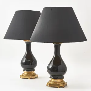 Pair French Black Glass Vases Wired As Lamps
