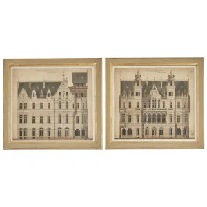 Pair Coloured Architectural Drawings With Later Frames