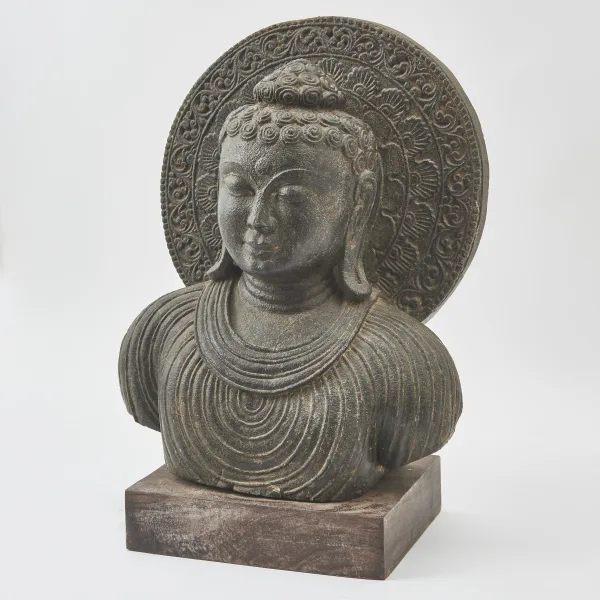 Indian Carved Black Stone Bust Of Buddha