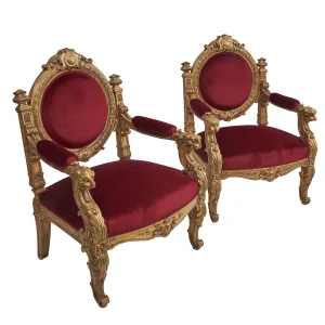 Pair French Charles X Giltwood Throne Chairs