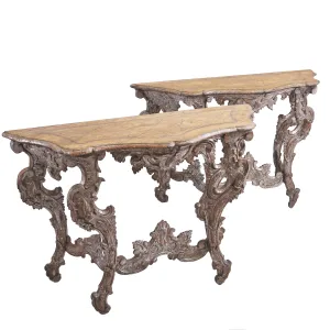Pair Italian Baroque Silver Gilt Consoles With Faux Sienna Marble Tops