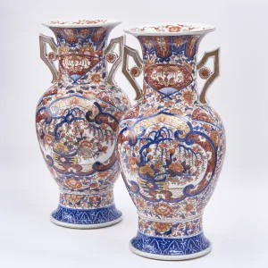 Japanese Imari Baluster Vases With Stylised Handles