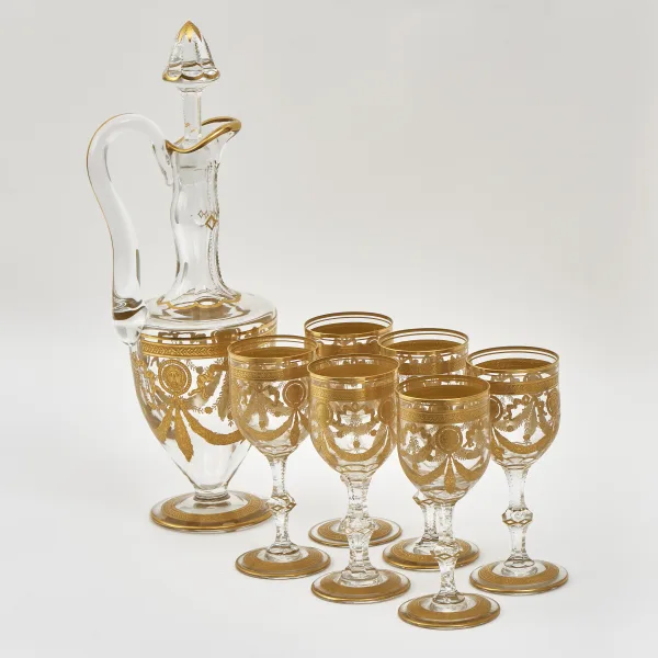French St Louis Gilt Decorated Glass Decanter And Goblets