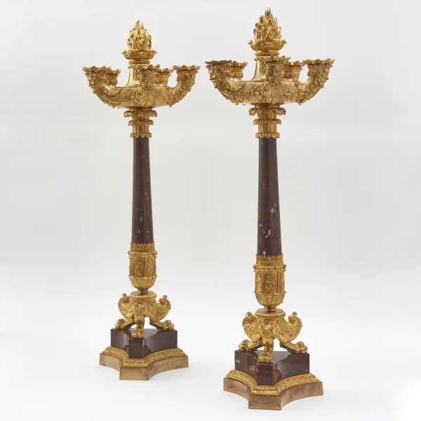 Pair French Louis Philippe Gilt Bronze And Griotte Uni Marble Candelabra