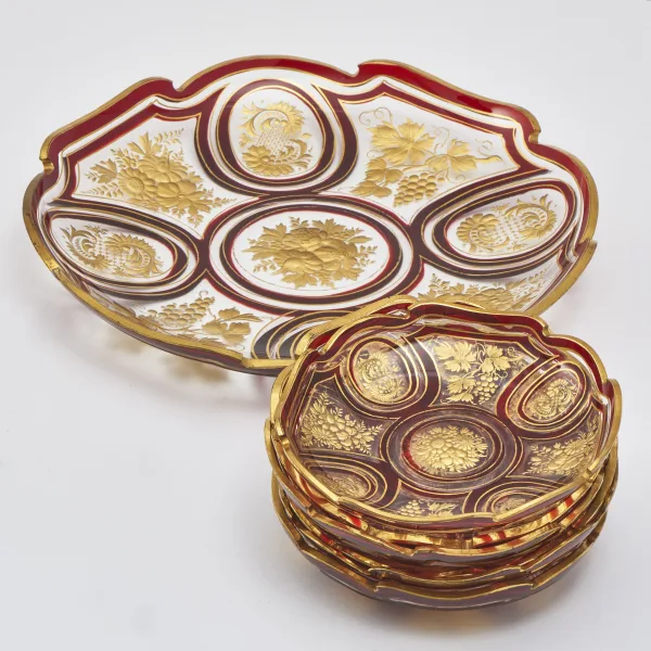 Set Seven Bohemian Red Glass Plates With Gilt Decoration