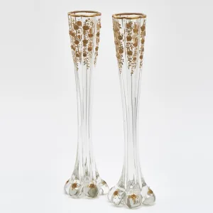 Pair French Tall Bud Vases With Gilt Floral Decoration