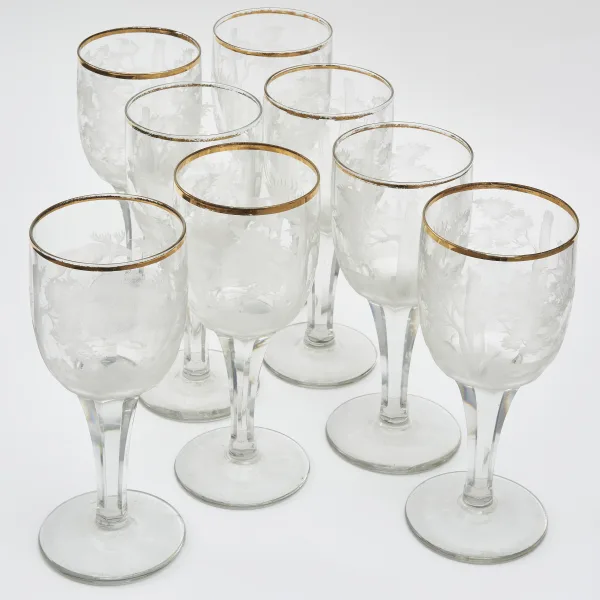 Set Eight Large Bohemian Engraved Wine Glasses