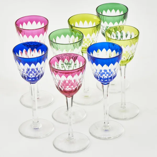 Set Eight French Baccarat Cut Crystal Polychrome Goblets