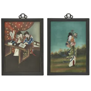 Pair Chinese Reverse Glass Paintings Of Court Ladies