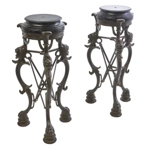 Pair French Cast Iron Romanesque Tripod Stands