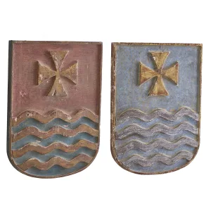 Pair Spanish Carved And Painted Shield Shaped Coat Of Arms