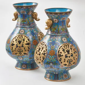 Pair Chinese Cloisonné Enamel Vases With Elephant Head Handles