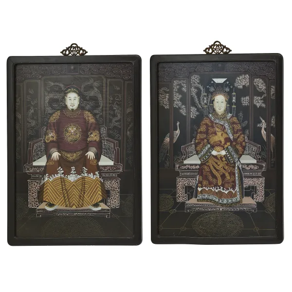 Pair Chinese Reverse Glass Paintings