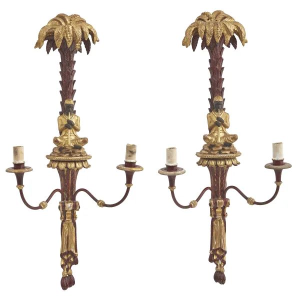 Pair Brighton Pavillion Style Carved Wood And Parcel Gilt Wall Lights