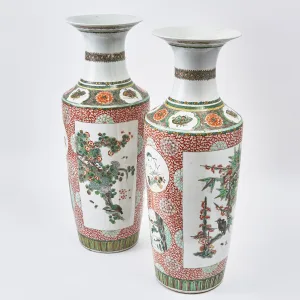 Pair Chinese Famille Vert Porcelain Rouleau Vases