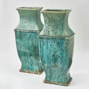 Pair Chinese Green Splash Glaze Baluster Vases