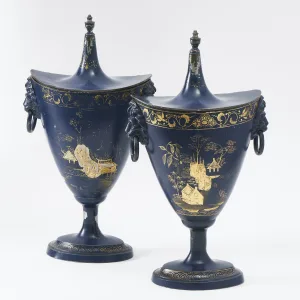 Pair Unusual English Blue Tole Chesnut Vases And Lids