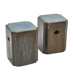 Pair Chinese Brown And Green Drip Glaze Stools