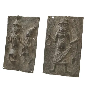 Pair Nigerian Benin Relief Bronze Plaques Depicting Figures