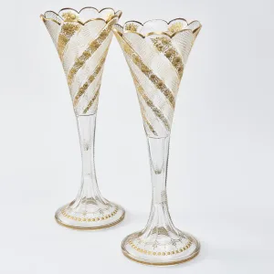 Pair French Tall Diamond Cut And Engraved Glass Vases