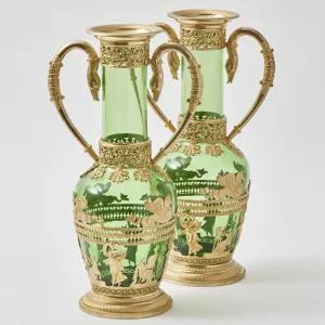 Pair French Green Glass Vases With Swan Handles