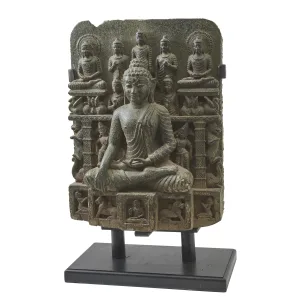 Indian Carved Stone Stele with Relief Carved Maravijava Buddha