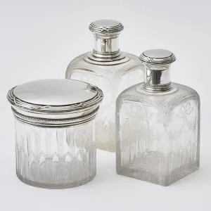 Etched Glass Perfume Bottle And Powder Pot Set