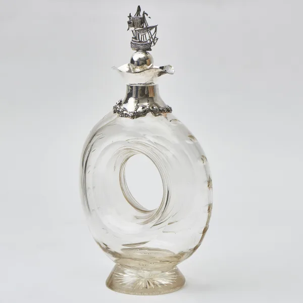 Cut Glass Tyre Shaped Decanter With Sailing Ship Stopper